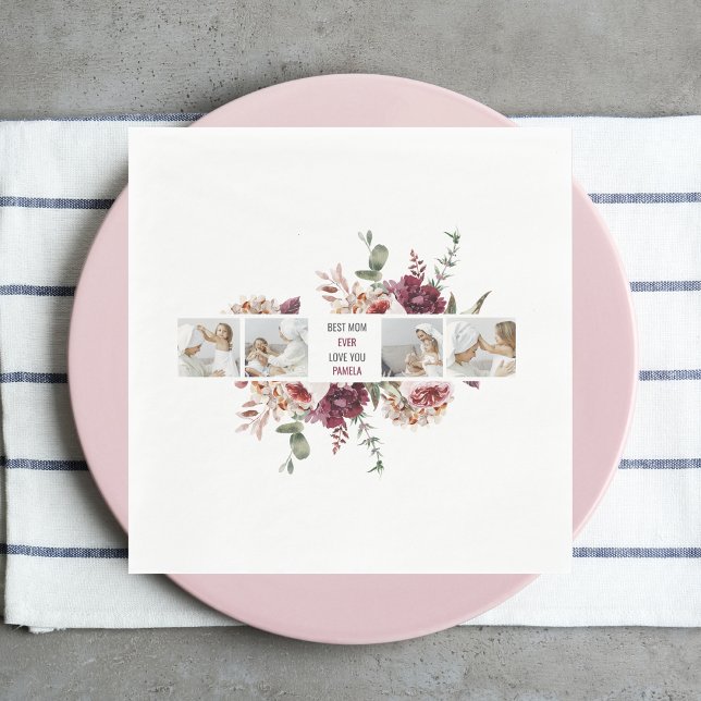 Modern Collage Photo Flowers Frame Best Mom Gift Napkins (Creator Uploaded)