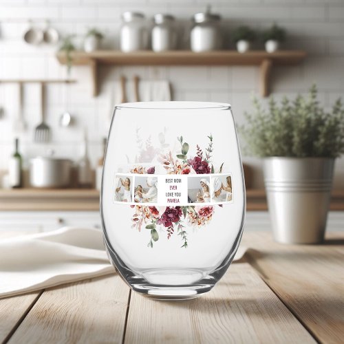 Modern Collage Photo Flowers Frame Best Mom Gift  Stemless Wine Glass