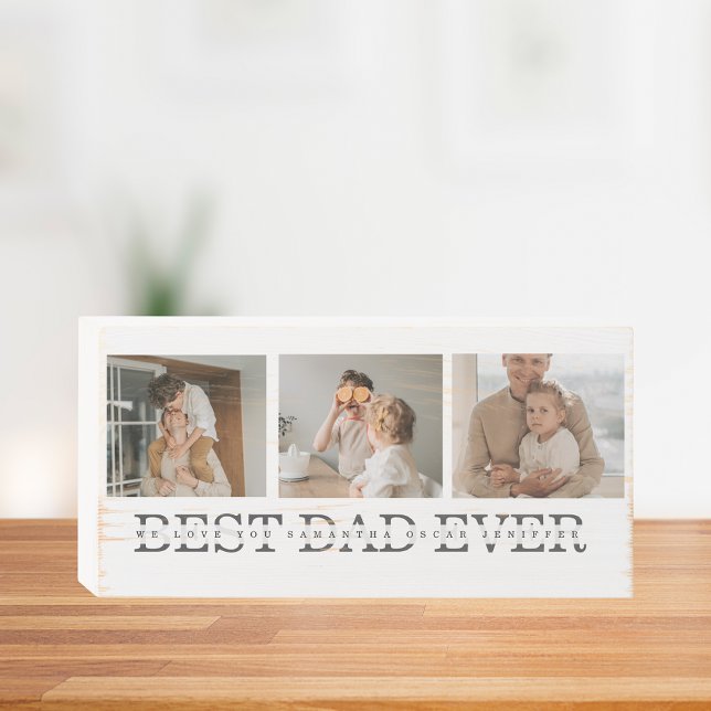 Modern Collage Photo & Grey Best Dad Ever Gift Wooden Box Sign (Creator Uploaded)