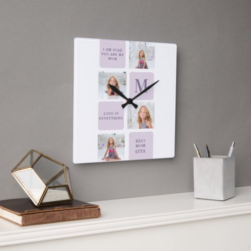 Modern Collage Photo Happy Mothers Day Purple Gift Square Wall Clock