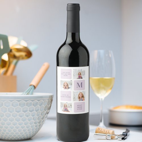 Modern Collage Photo Happy Mothers Day Purple Gift Wine Label