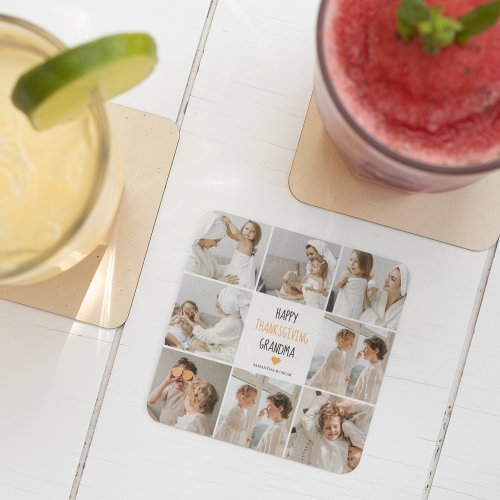 Modern Collage Photo Happy Thanksgiving Grandma Glass Coaster