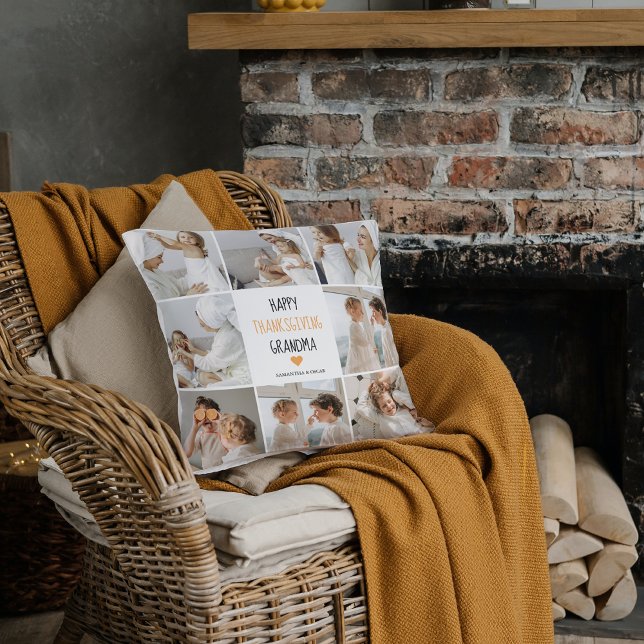 Modern Collage Photo Happy Thanksgiving Grandma Outdoor Pillow (Creator Uploaded)