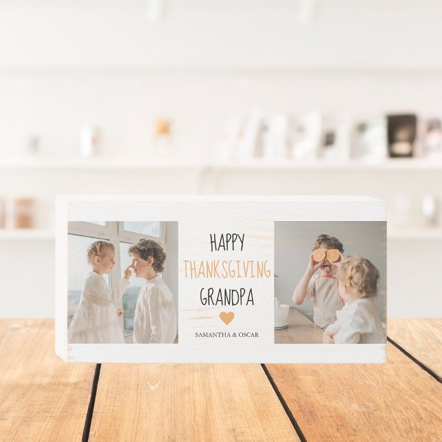 Modern Collage Photo Happy Thanksgiving Grandpa Wooden Box Sign (Creator Uploaded)