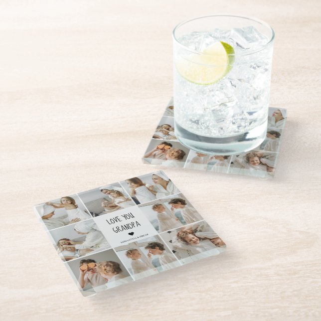 Modern Collage Photo Love You Grandpa Best Gift Glass Coaster (Angled)