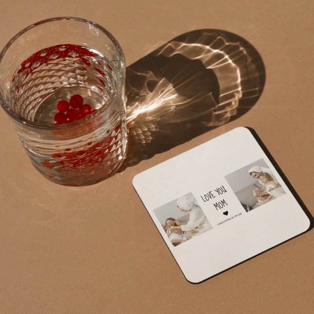 Modern Collage Photo Love You Mom Best Gift Square Paper Coaster (Creator Uploaded)