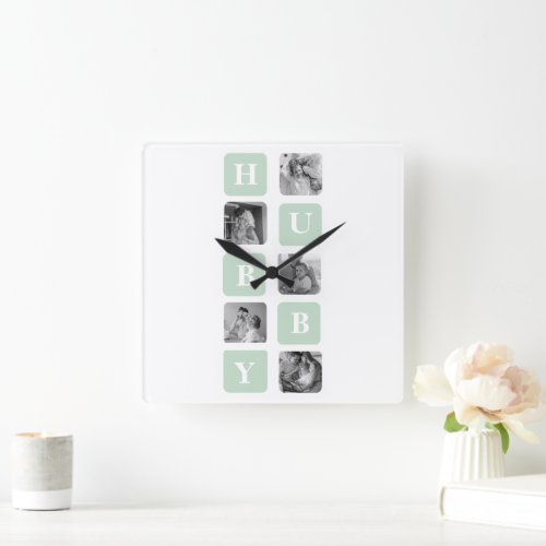 Modern Collage Photo Mint Best Hubby Gift Square Wall Clock