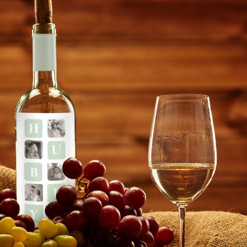 Modern Collage Photo Mint Best Hubby Gift Wine Label