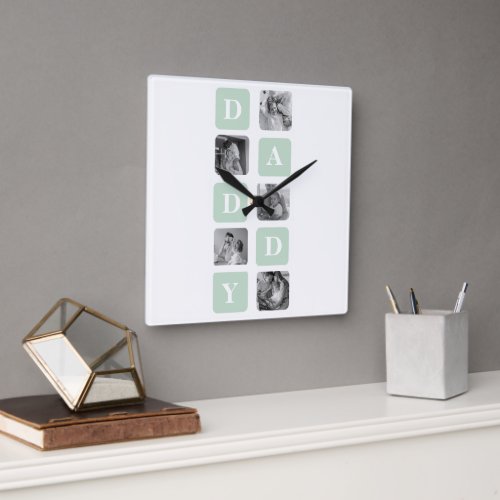 Modern Collage Photo Mint  Happy FathersDay Gift Square Wall Clock