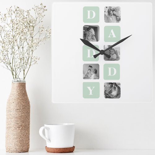 Modern Collage Photo Mint  Happy FathersDay Gift Square Wall Clock