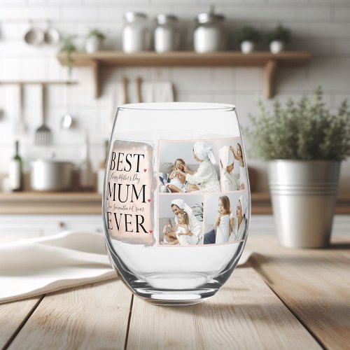 Modern Collage Photo Pink Happy Mothers Day Stemless Wine Glass