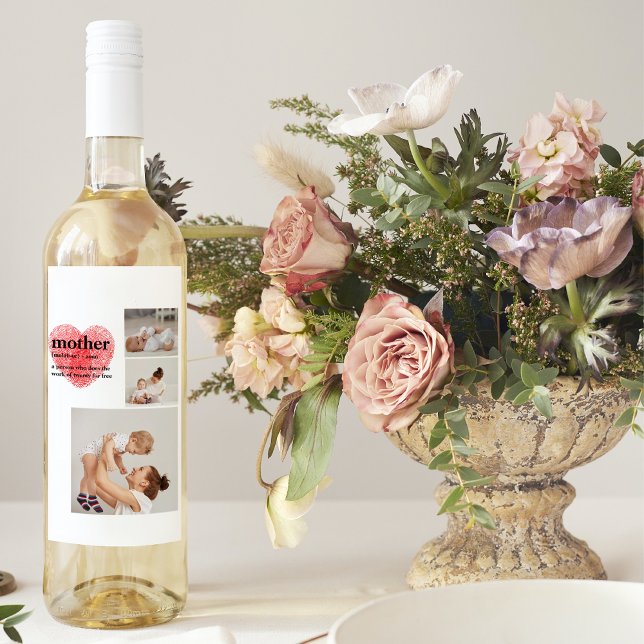 Modern Collage Photo & Red Heart Mother Gift Wine Label (Creator Uploaded)