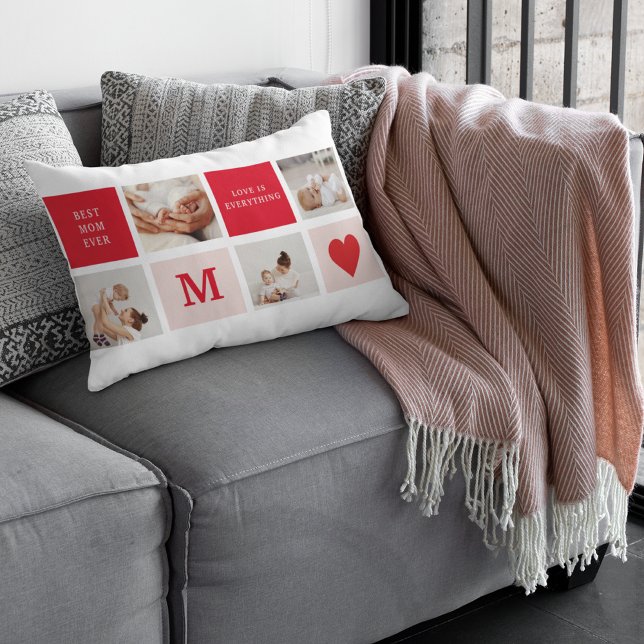 Modern Collage Photo Red & Pink Best Mom Ever Gift Lumbar Pillow (Creator Uploaded)
