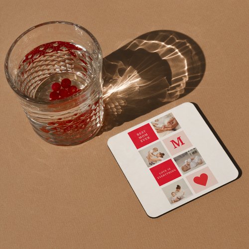 Modern Collage Photo Red  Pink Best Mom Ever Gift Square Paper Coaster
