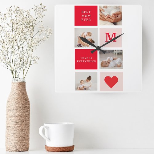 Modern Collage Photo Red  Pink Best Mom Ever Gift Square Wall Clock