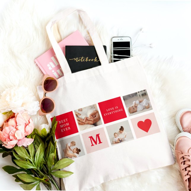 Modern Collage Photo Red & Pink Best Mom Ever Gift Tote Bag (Creator Uploaded)
