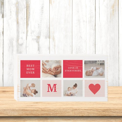 Modern Collage Photo Red  Pink Best Mom Ever Gift Wooden Box Sign