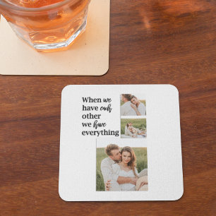 Modern Collage Photo Romantic Couple Quote Gift Square Paper Coaster