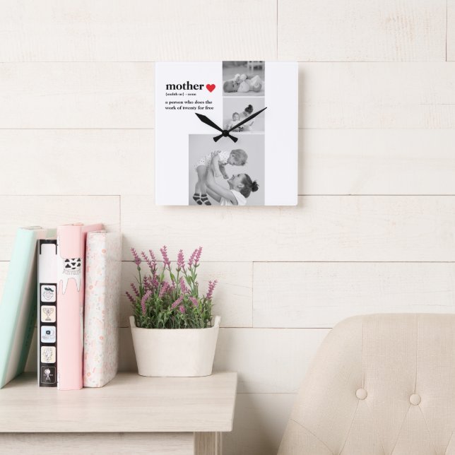 Modern Collage Photo & Text Red Heart Mother Gift Square Wall Clock (Reading Room)