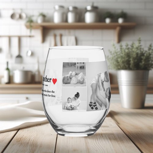 Modern Collage Photo  Text Red Heart Mother Gift Stemless Wine Glass