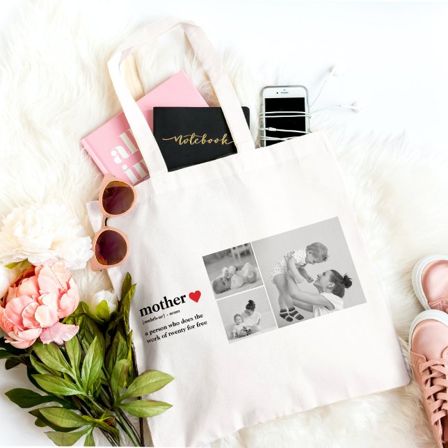 Modern Collage Photo & Text Red Heart Mother Gift Tote Bag (Creator Uploaded)