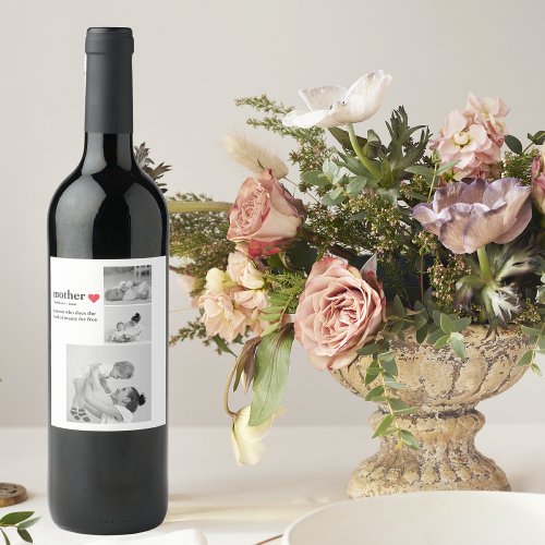 Modern Collage Photo  Text Red Heart Mother Gift Wine Label