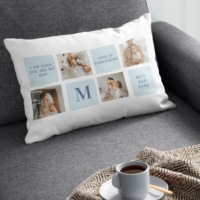 Modern Collage Photos Blue Best Fathers Gift Lumbar Pillow (Creator Uploaded)