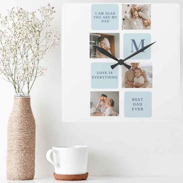 Modern Collage Photos Blue Best Fathers Gift Square Wall Clock (Creator Uploaded)