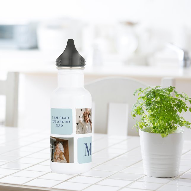 Modern Collage Photos Blue Best Fathers Gift Stainless Steel Water Bottle (Creator Uploaded)