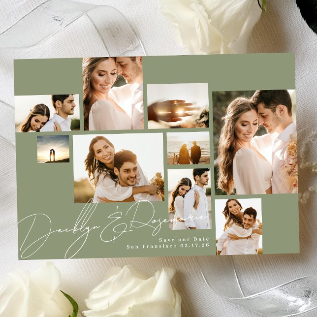 Modern Collage Sage Green Multi Photo Save The Date (Creator Uploaded)