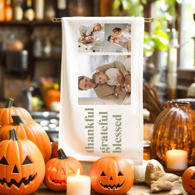 Modern Collage Three Photo | Happy Thanksgiving Ki Kitchen Towel (Creator Uploaded)