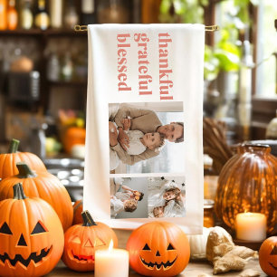 Modern Collage Three Photo Happy Thanksgiving Kitchen Towel