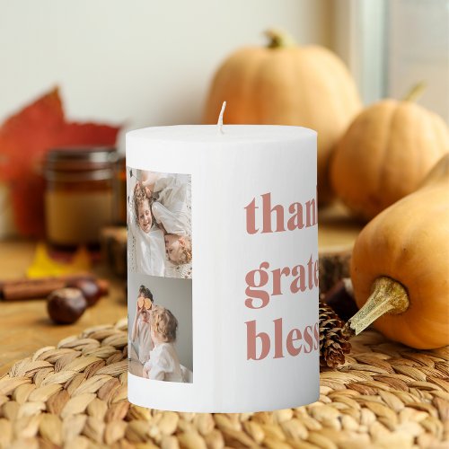 Modern Collage Three Photo  Happy Thanksgiving Pillar Candle