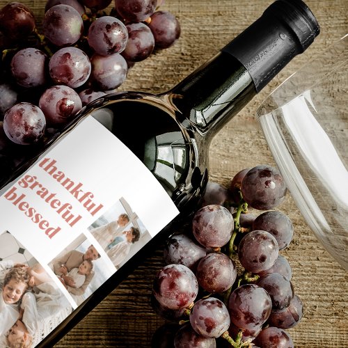 Modern Collage Three Photo  Happy Thanksgiving Wine Label