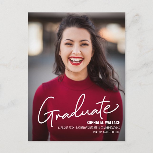 Modern College Graduate Photo Script Graduation Announcement Postcard (Front)