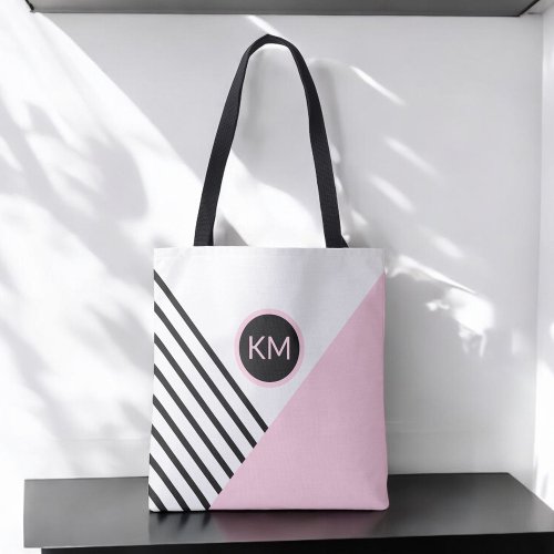 Modern Color Block and Stripes with Monogram Tote Bag