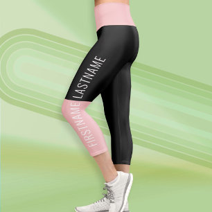 Modern Color Block Black Blush with Custom Text Capri Leggings