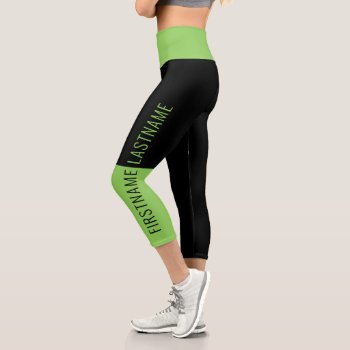 Modern Color Block Black Lime With Custom Text Capri Leggings by icases at Zazzle