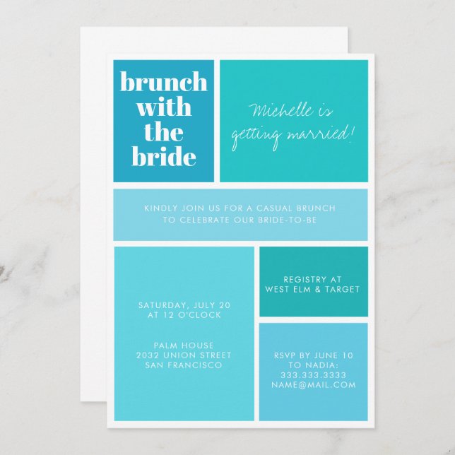 Modern Color Block Blue Turquoise Bridal Shower Invitation (Front/Back)