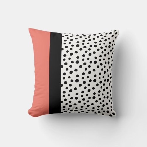 Modern Color Block Coral Black White Dots Throw Pillow