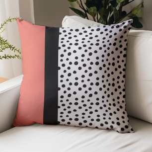 Modern Color Block Coral Black White Dots Throw Pillow