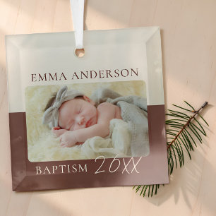 Modern Color Block Custom Baby Baptism Photo Glass Ornament