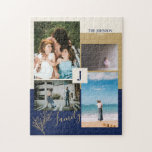 Modern Color block Family Photo Collage Puzzles<br><div class="desc">This custom photo collage puzzle features stylish color blocks and typography with a beige,  gold,  & dark blue color theme. Replace these 4 photo collages with yours and personalize the text with your family name and initials.</div>