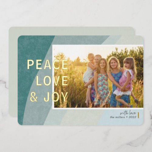 Modern Color Block Green Photo Horizontal Gold  Foil Holiday Card