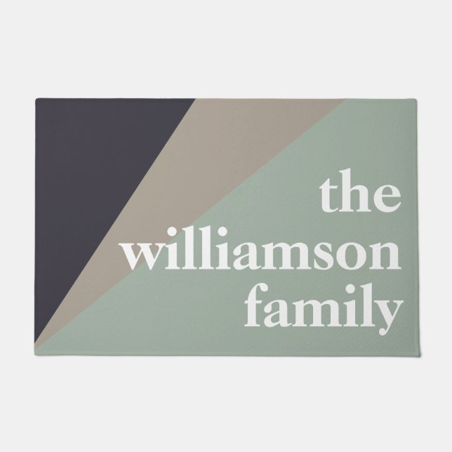 Modern Color Block in Sage and Brown Personalized Doormat (Front)