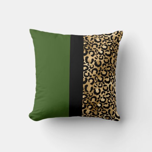 Modern Color Block Leopard Print Green Gold Black Throw Pillow