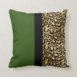 Modern Color Block Leopard Print Green Gold Black Throw Pillow