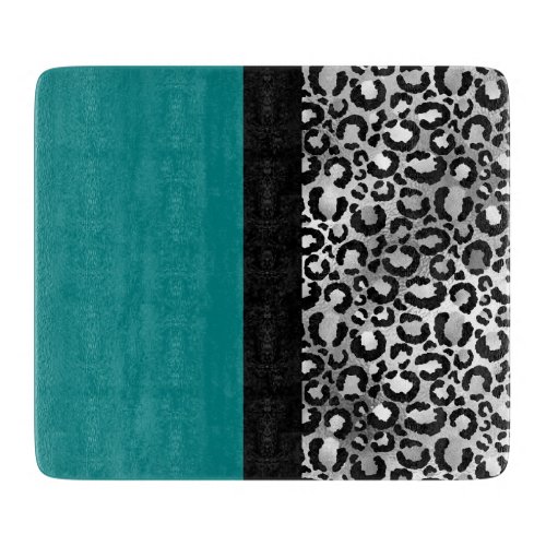 Modern Color Block Leopard Print Teal Silver Black Cutting Board