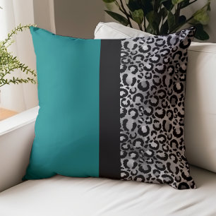 Modern Color Block Leopard Print Teal Silver Black Throw Pillow