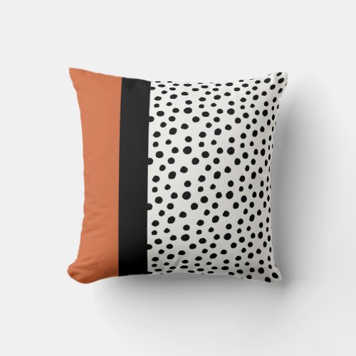 Modern Color Block Orange Black White Dots Throw Pillow